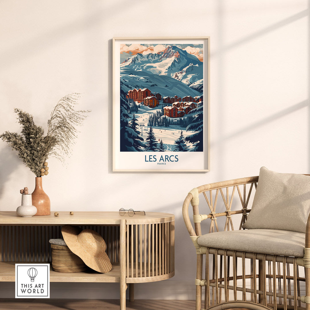 Les Arcs ski poster in elegant room decor, showcasing a stunning winter landscape in France.