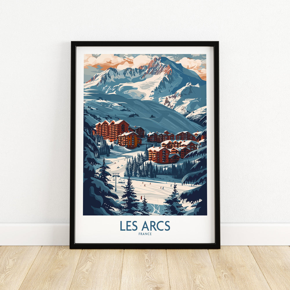 Les Arcs Poster France featuring ski resort in snowy mountains, ideal ski poster for winter sports enthusiasts.