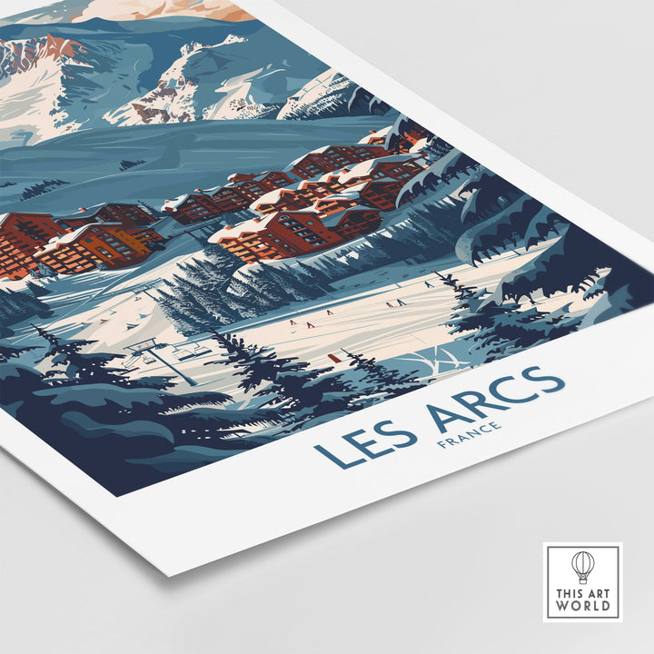 Les Arcs ski poster featuring a vibrant French mountain landscape with snow-covered buildings, perfect for alpine decor enthusiasts.