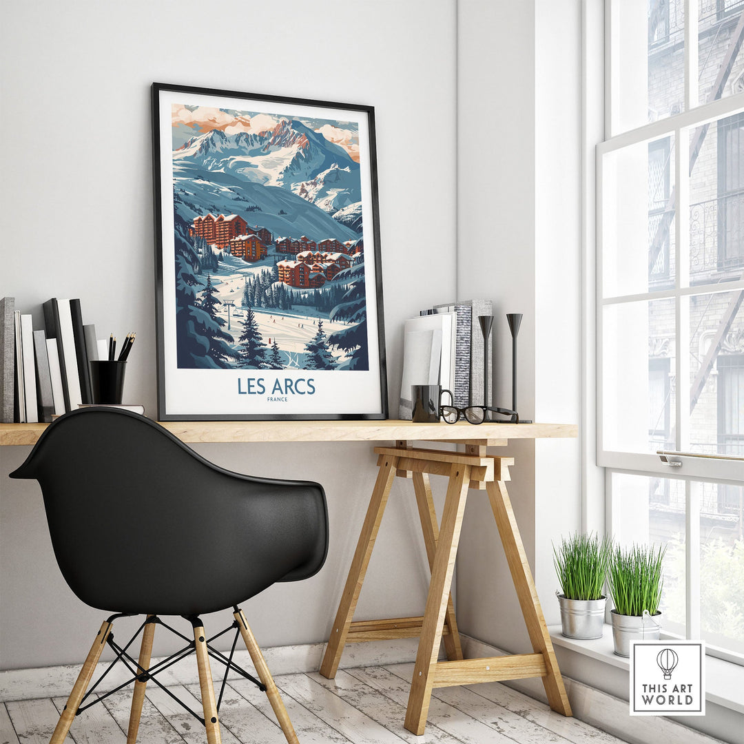 Stylish room with Les Arcs ski poster featuring French Alps scenery, perfect for ski enthusiasts and winter decor.