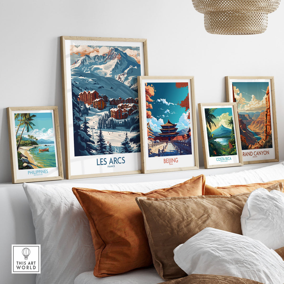 Les Arcs Ski Poster displayed among global travel art prints; perfect decor for ski enthusiasts and world travelers.