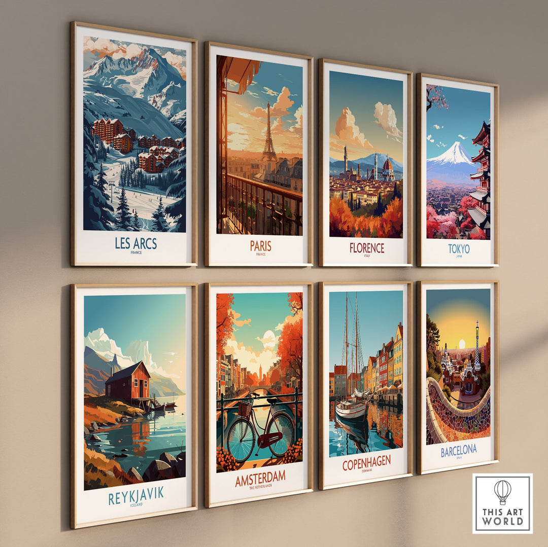 Collection of travel posters featuring Les Arcs ski resort in France and other global cities like Paris, Florence, and Tokyo.