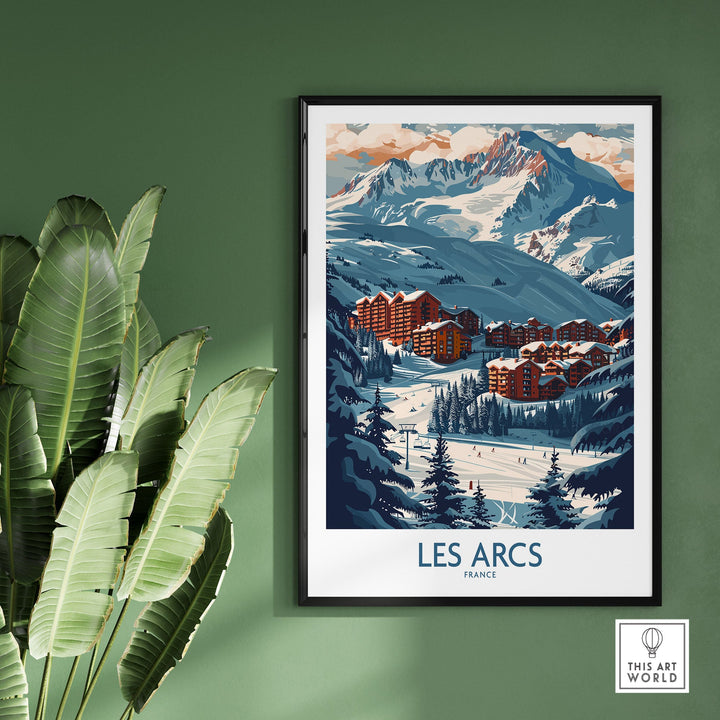 Les Arcs ski poster from France, showcasing stunning mountain scenery with ski chalets, perfect for ski enthusiasts and decor lovers.