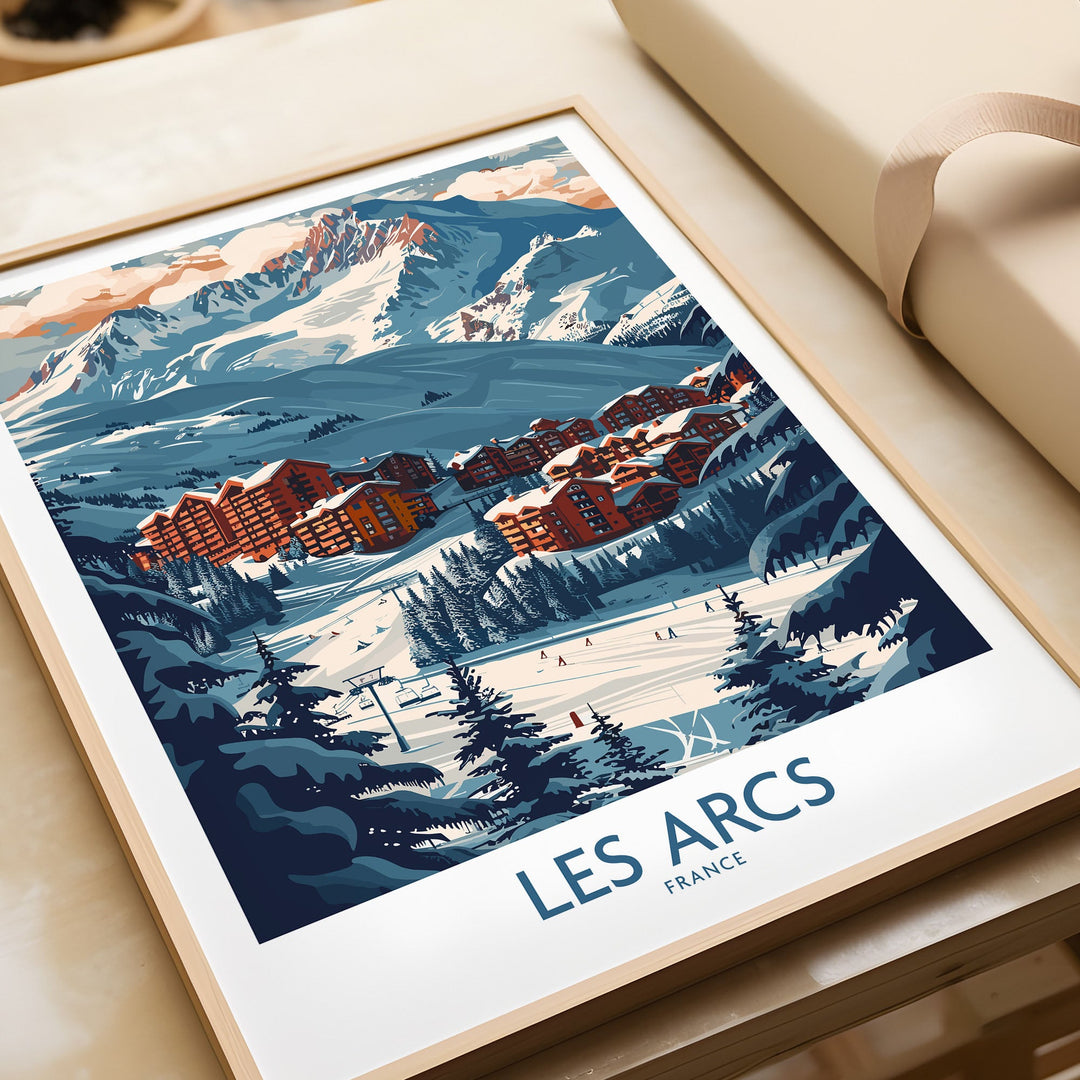 Vintage Les Arcs ski poster featuring snowy mountains and chalets in France, capturing a classic Alpine resort scene.