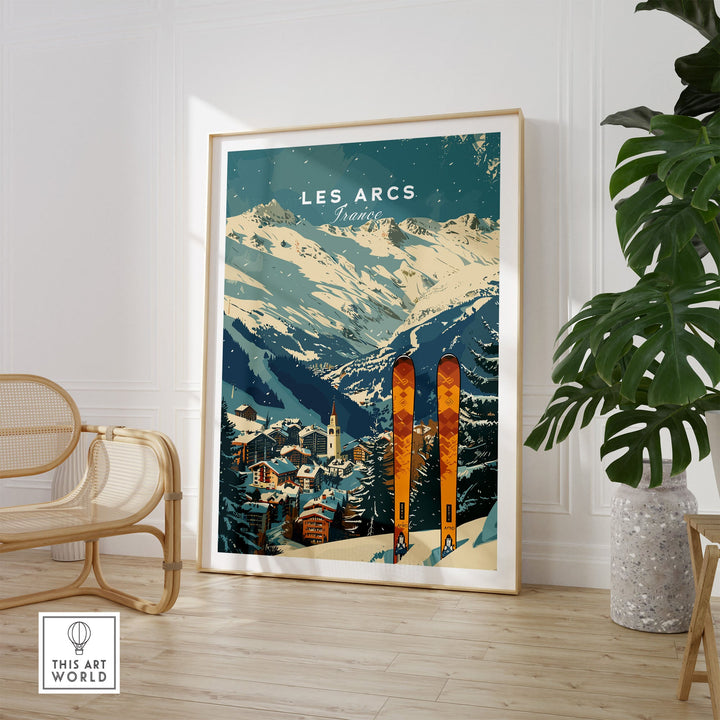 Les Arcs Ski Poster featuring snowy mountains and skis, capturing the essence of a French winter ski resort.