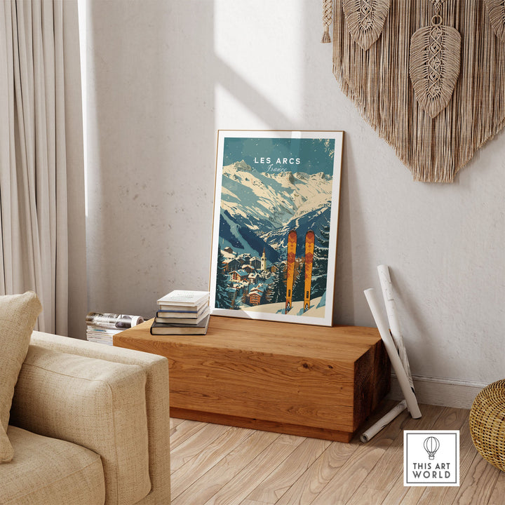 Les Arcs Ski Poster France displayed in rustic living room, showcasing snowy mountains and vintage skis.