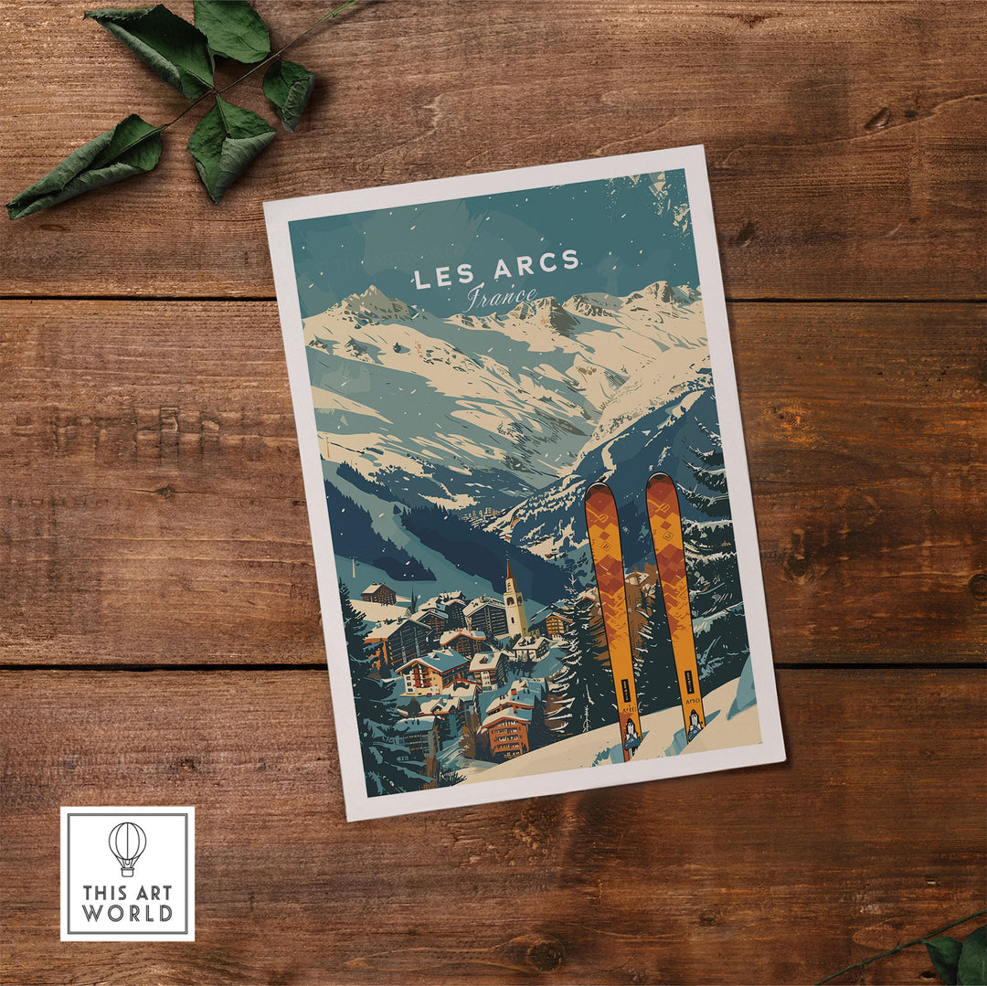 Vintage Les Arcs Ski Poster featuring snowy mountains and skis, capturing the charm of France's iconic ski resort.