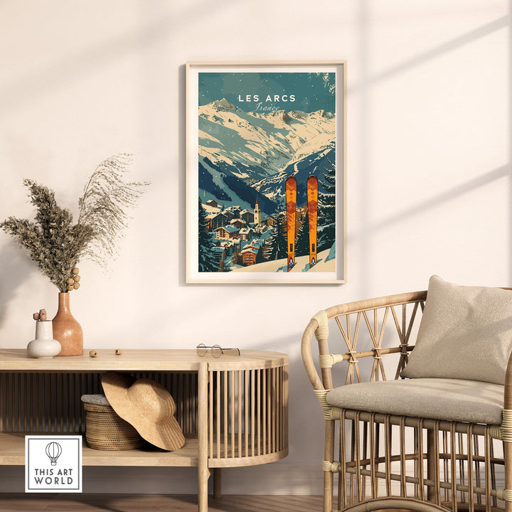 Vintage Les Arcs Ski Poster framed on a wall in a cozy room setting, featuring a snowy mountain scene in France.