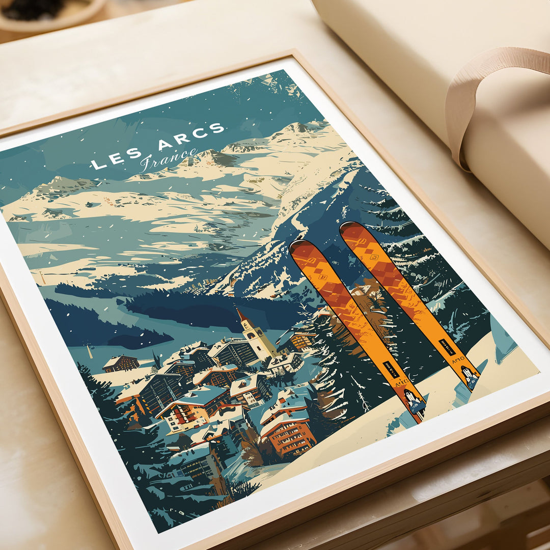 Vintage Les Arcs Ski Poster featuring skis and snowy French Alps landscape. Perfect decor for ski enthusiasts.