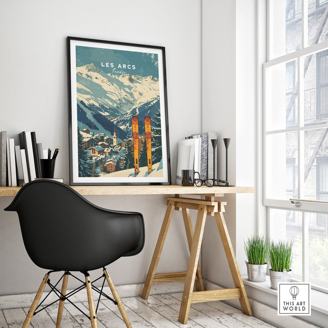 Les Arcs Ski Poster displayed in a modern room setting, showcasing a scenic winter landscape of a French ski resort.