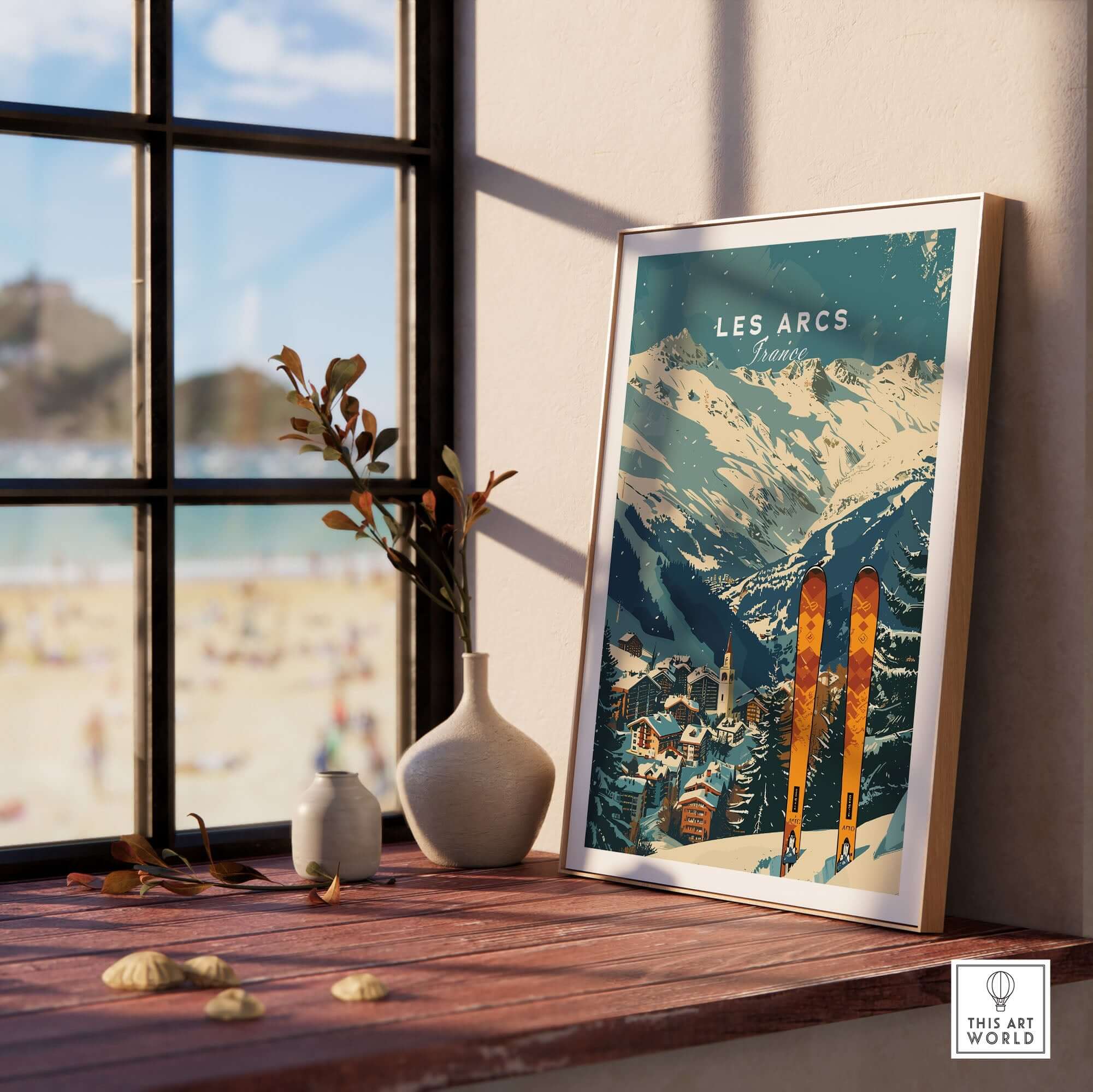 Vintage Les Arcs Ski Poster of France displayed on a wooden shelf, featuring snow-capped mountains and ski village scenery.