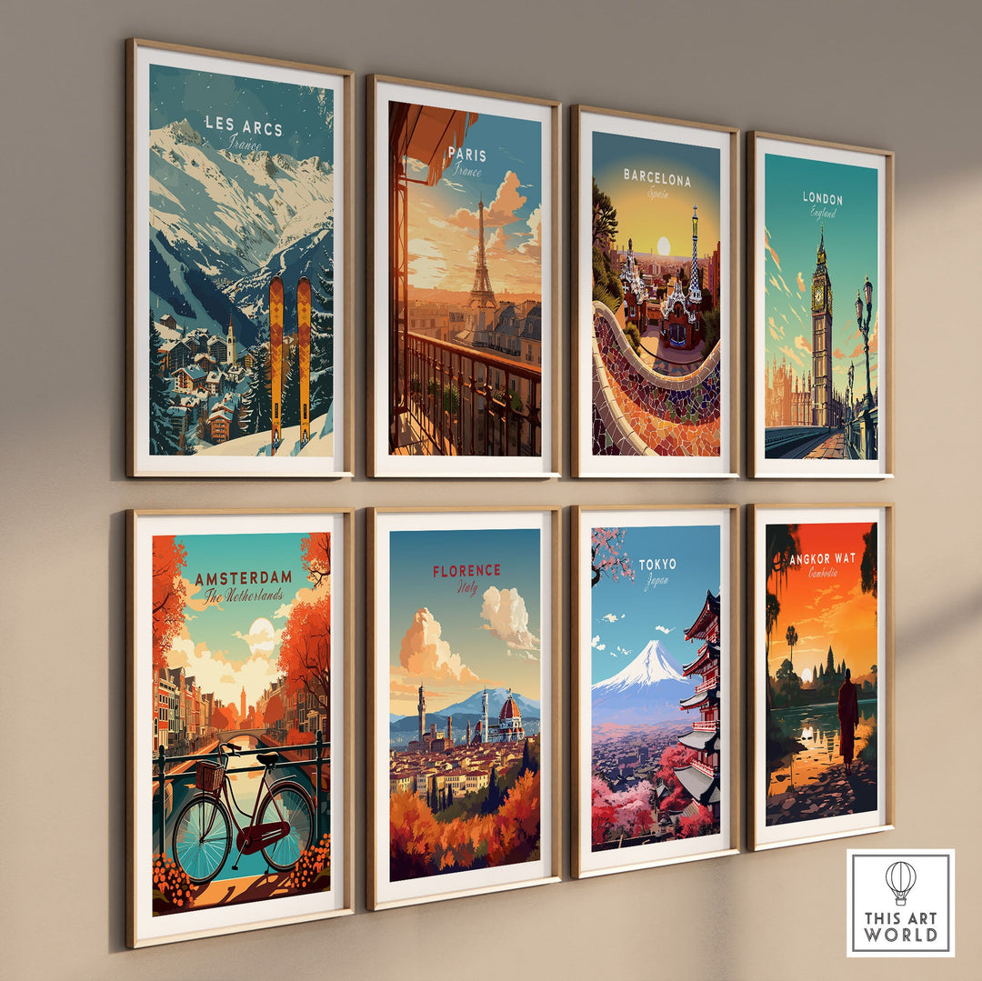 Collection of framed travel posters featuring iconic locations, including a Les Arcs ski poster, displayed on a wall.