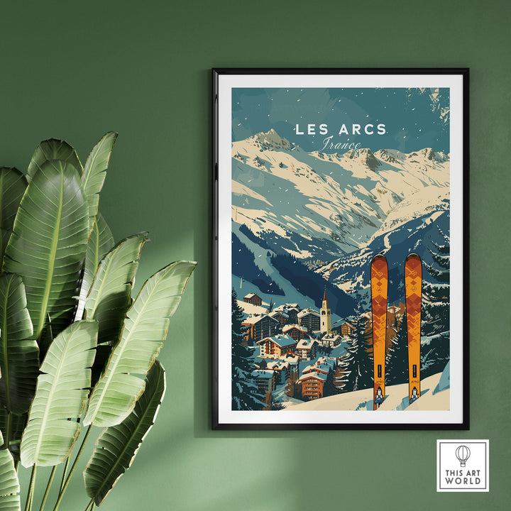 Vintage Les Arcs Ski Poster featuring snowy French Alps, vibrant skis, and a quaint village, ideal for winter sports enthusiasts.