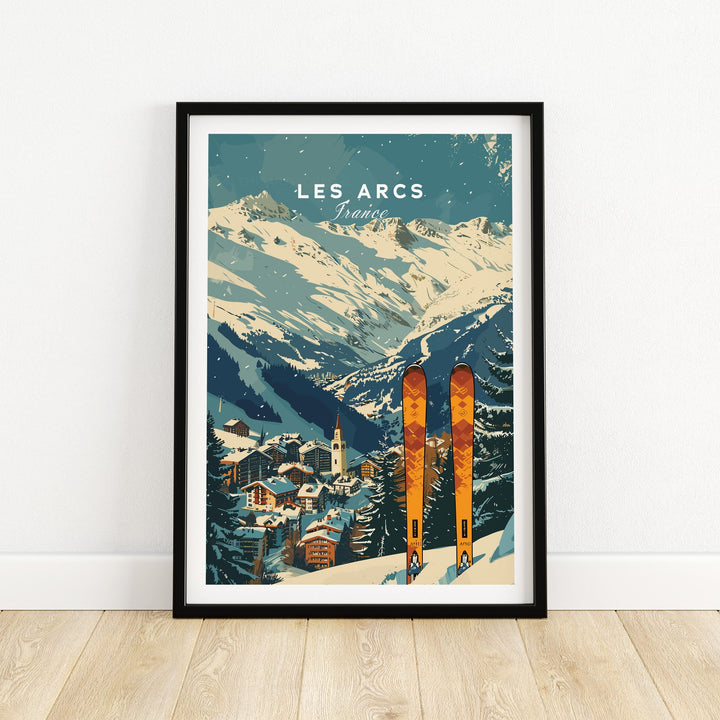 Vintage Les Arcs Ski Poster featuring scenic French Alps and colorful skis. Perfect decor for ski enthusiasts and travel lovers.