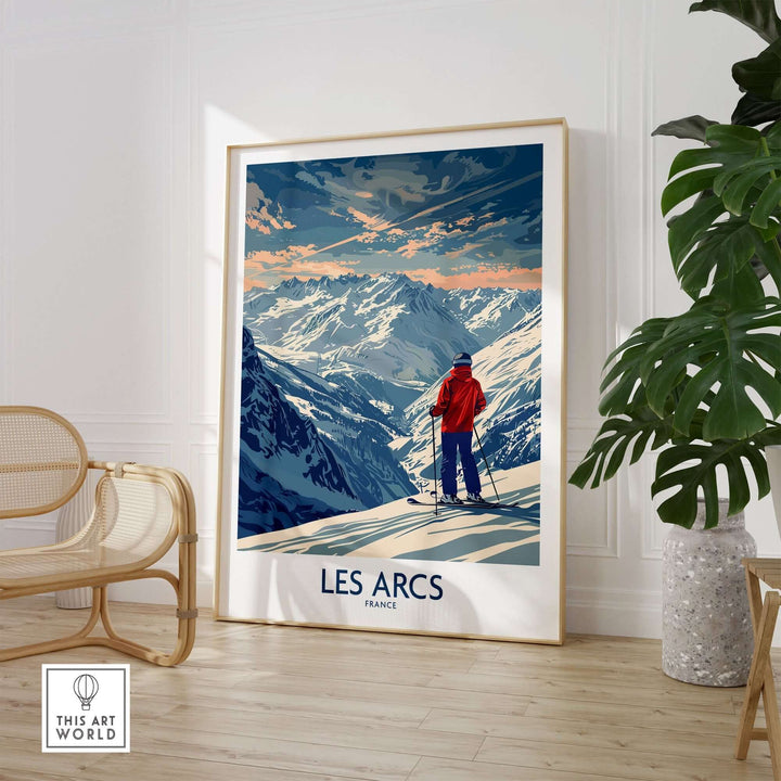 Les Arcs Ski Print showcasing a skier against stunning mountain scenery in France, perfect for home or office decor.