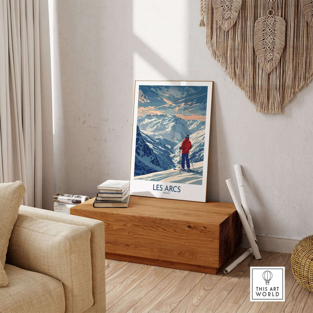 Vintage Les Arcs ski print showcasing a skier against stunning mountainous scenery, perfect for home decor.