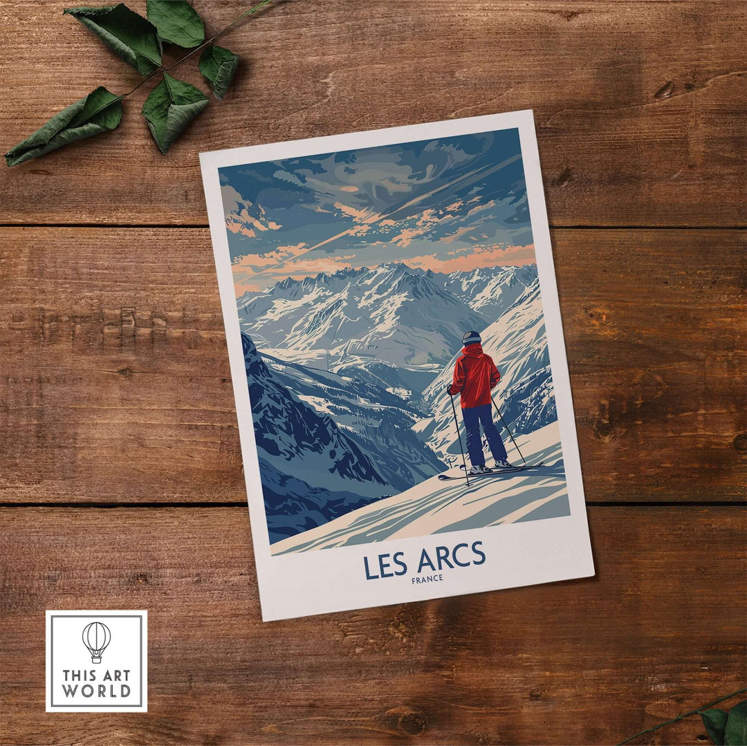 Les Arcs ski print showcasing a skier against a stunning mountain backdrop in France, perfect for home decor.