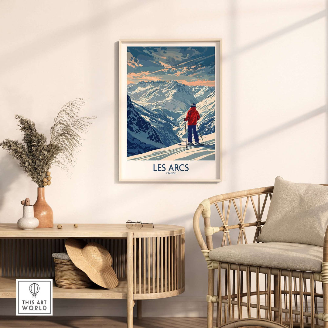 Les Arcs Ski Print showcasing a skier overlooking the snowy mountains, perfect for home or office decor.