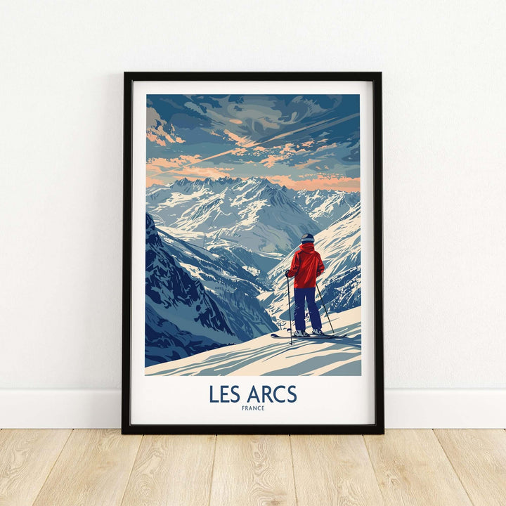 Les Arcs Ski Print showcasing mountains and skier in vibrant colors, perfect for home or office decor in France.