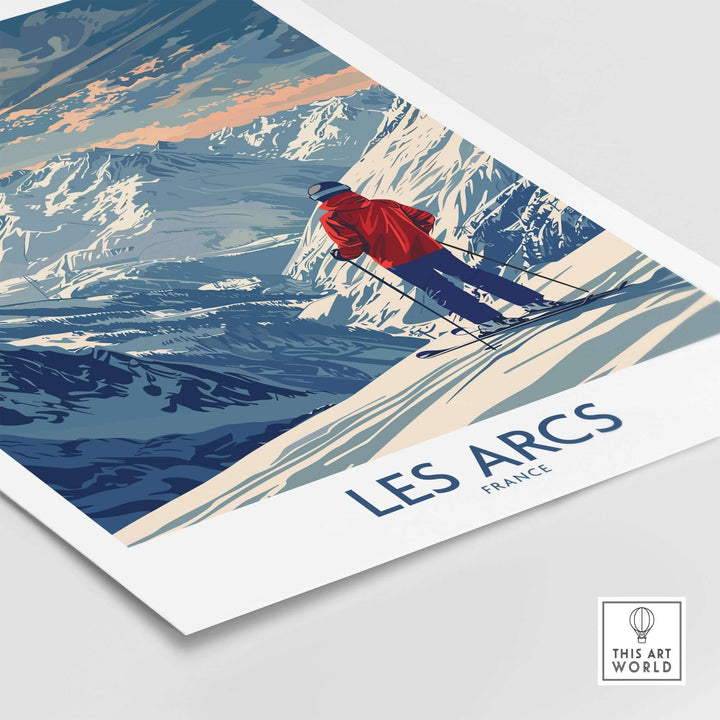 Les Arcs ski print showcasing a skier against the stunning snowy mountains of France, perfect for home or office decor.