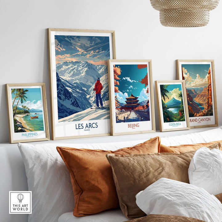 Les Arcs Ski Print showcased among other travel posters on a stylish living room wall, highlighting beautiful destinations.