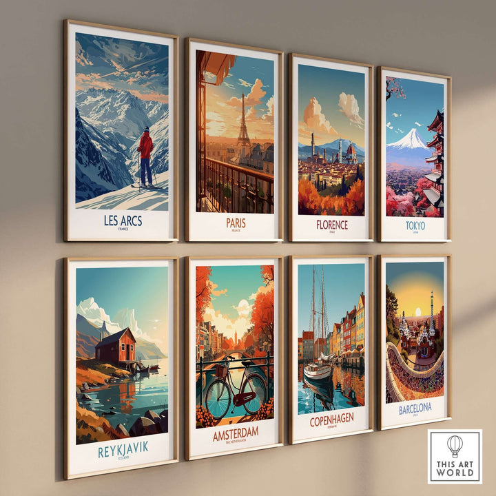 Collection of travel-themed art prints, featuring Les Arcs, Paris, Florence, Tokyo, Reykjavik, Amsterdam, Copenhagen, and Barcelona.