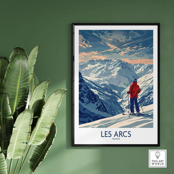 Les Arcs Ski Print showcasing a skier against the stunning backdrop of French mountains, perfect for home decor.