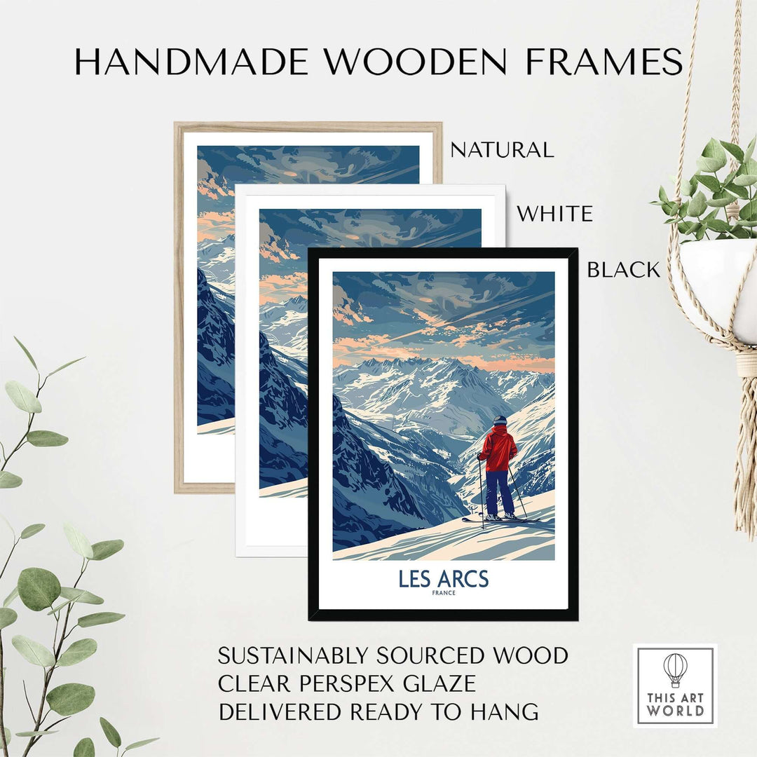 Handmade wooden frames in natural, white, and black for Les Arcs ski print, featuring sustainably sourced wood and clear perspex glaze.