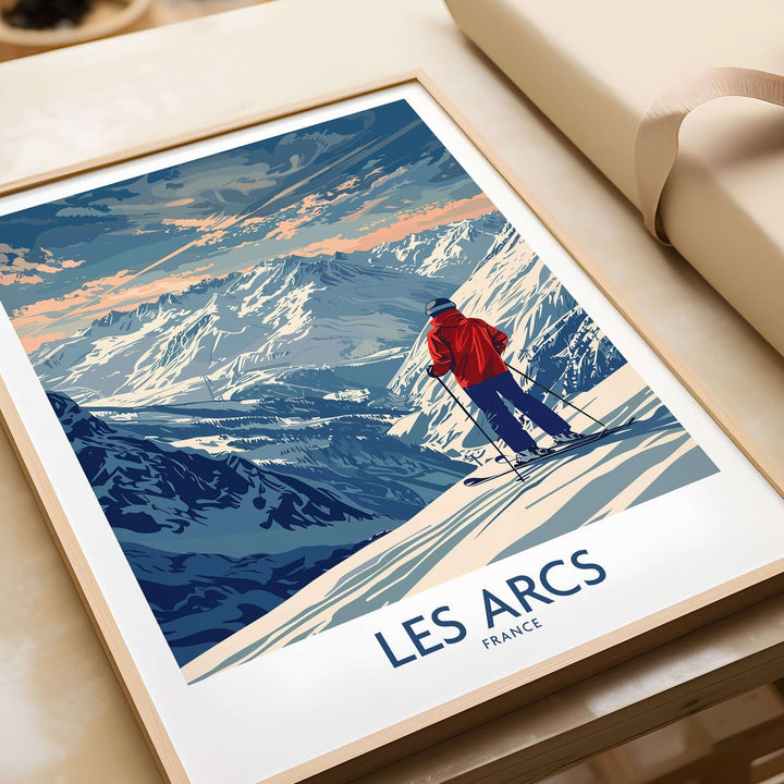 Les Arcs Ski Print featuring a skier against a stunning mountain backdrop in France, perfect for home decor.