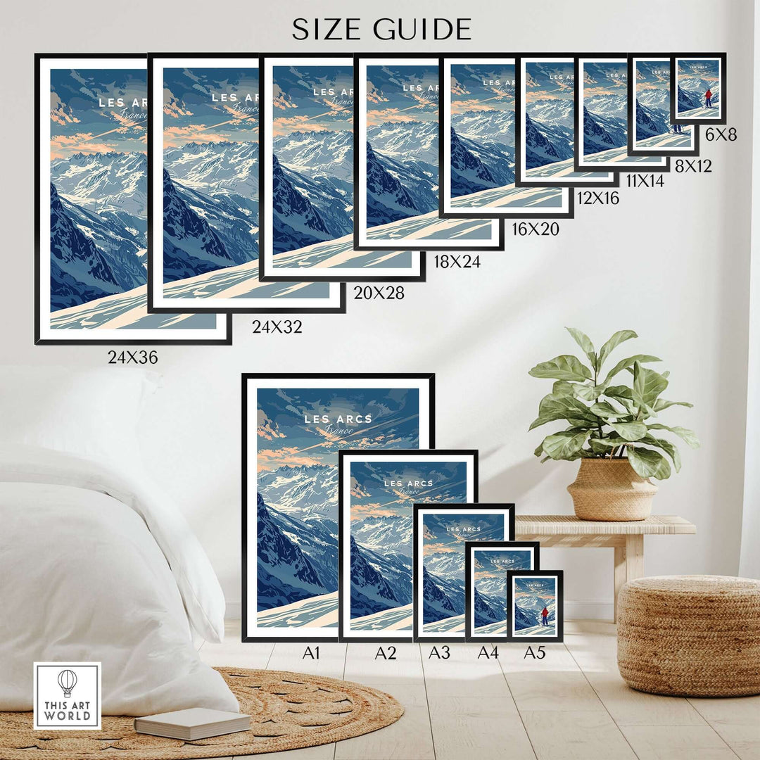 Size guide displaying various frame sizes for Les Arcs travel poster featuring stunning ski slopes of France.