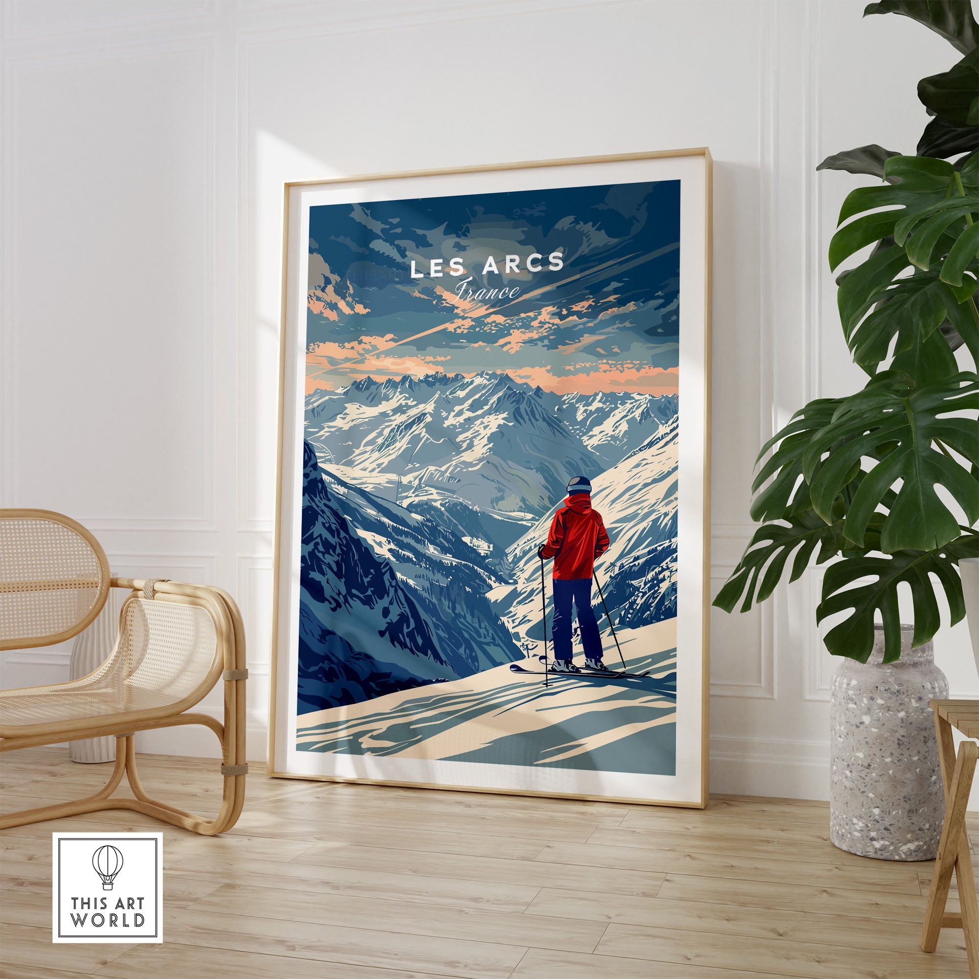 Les Arcs travel poster featuring ski slopes in France, showcasing breathtaking mountain scenery and adventure.
