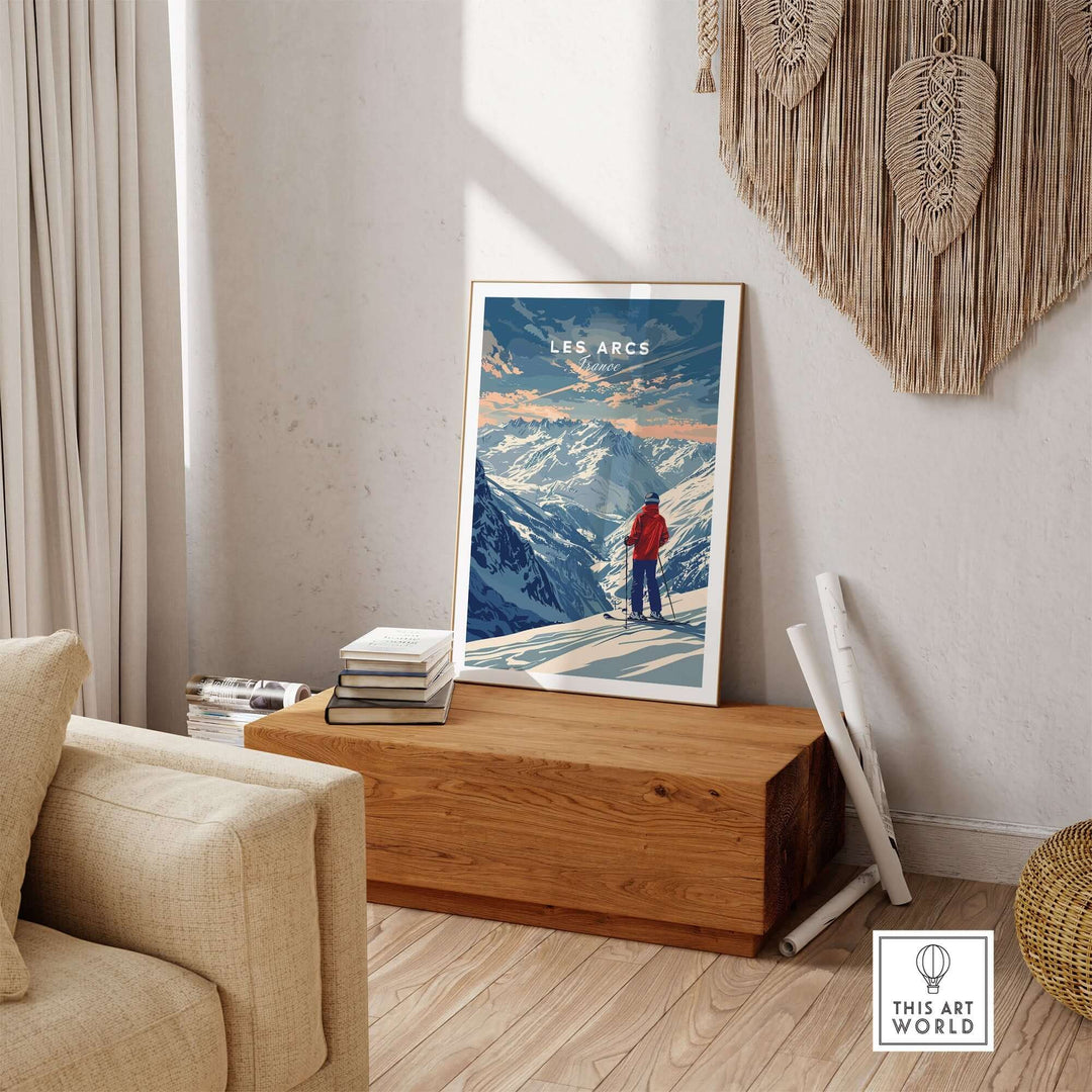 Les Arcs travel poster showcased in a cozy room, highlighting stunning French ski slopes and tranquil mountain scenery.