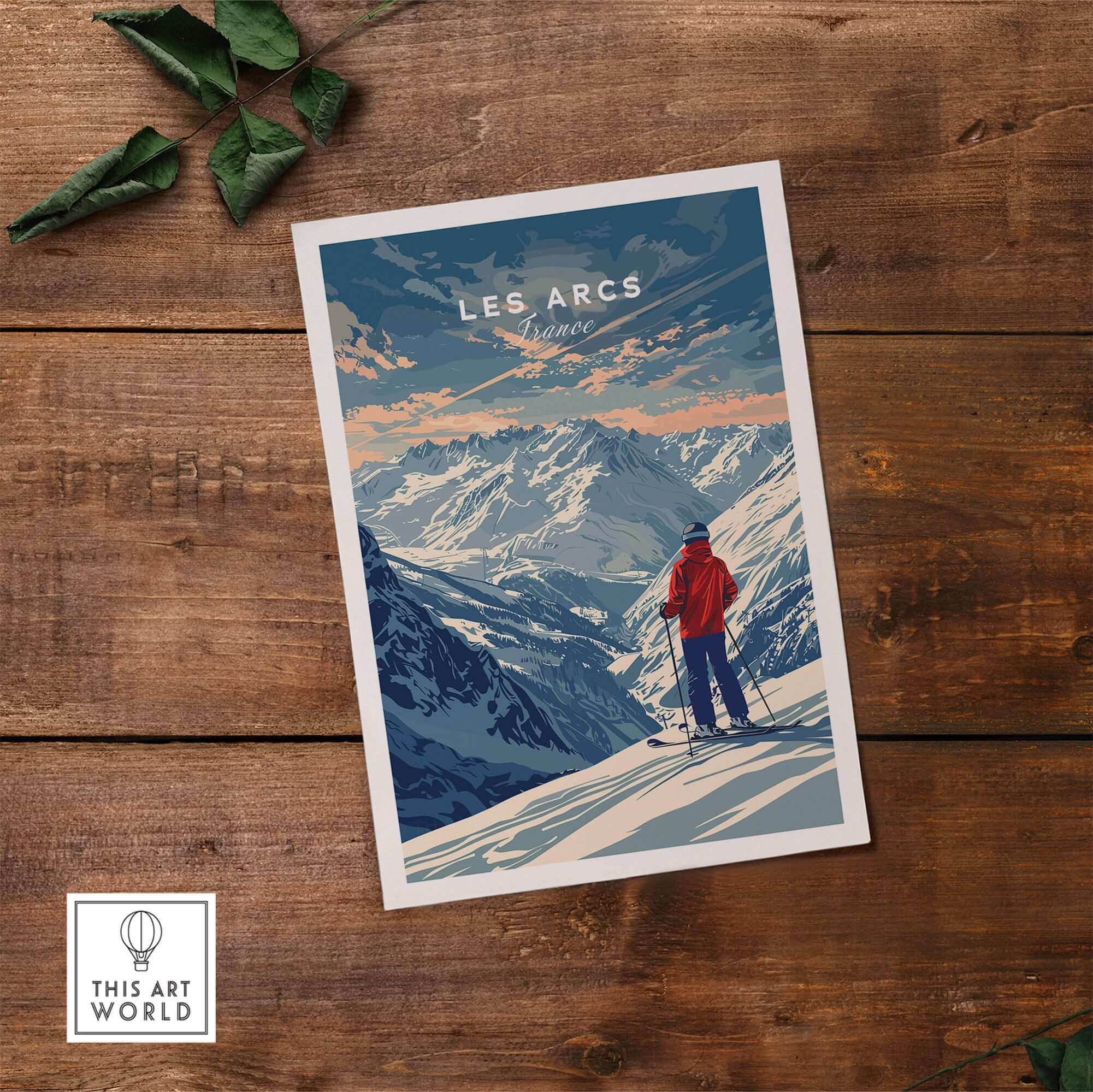 Les Arcs travel poster showcasing majestic ski slopes in France, perfect for home or office decor.