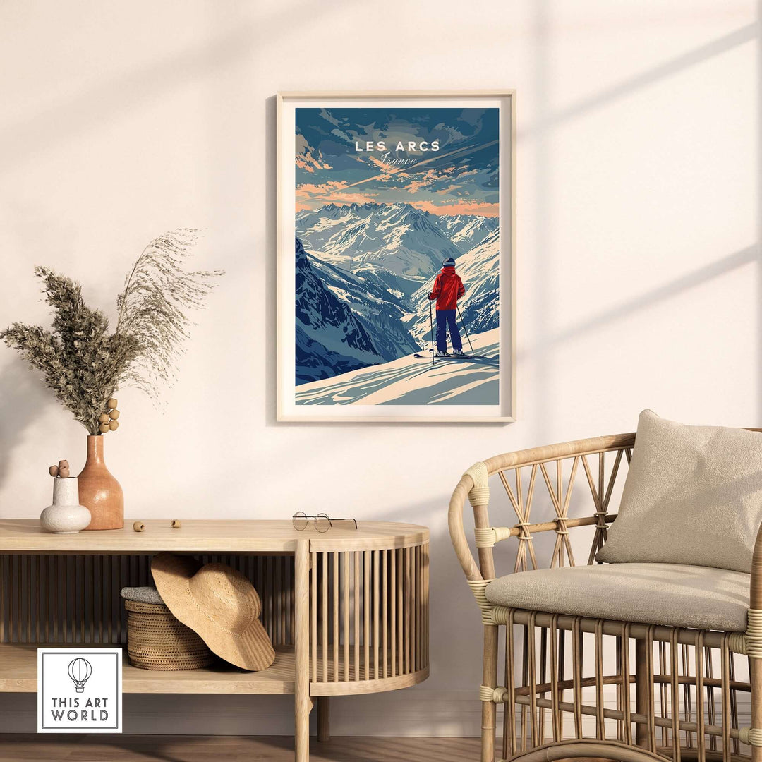 Les Arcs travel poster showcasing ski slopes and mountains, displayed in a cozy home interior. Perfect ski wall art for inspiration.