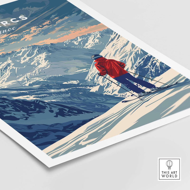 Les Arcs travel poster featuring a skier on snowy slopes in France, showcasing stunning mountain views and vibrant colors.