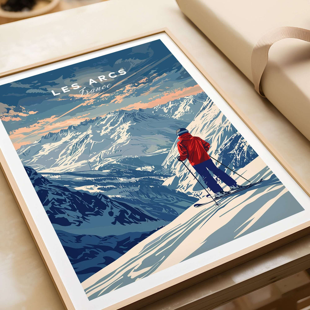 Les Arcs travel poster showcasing skier against majestic snowy mountains in France, perfect for home decor and ski inspiration.