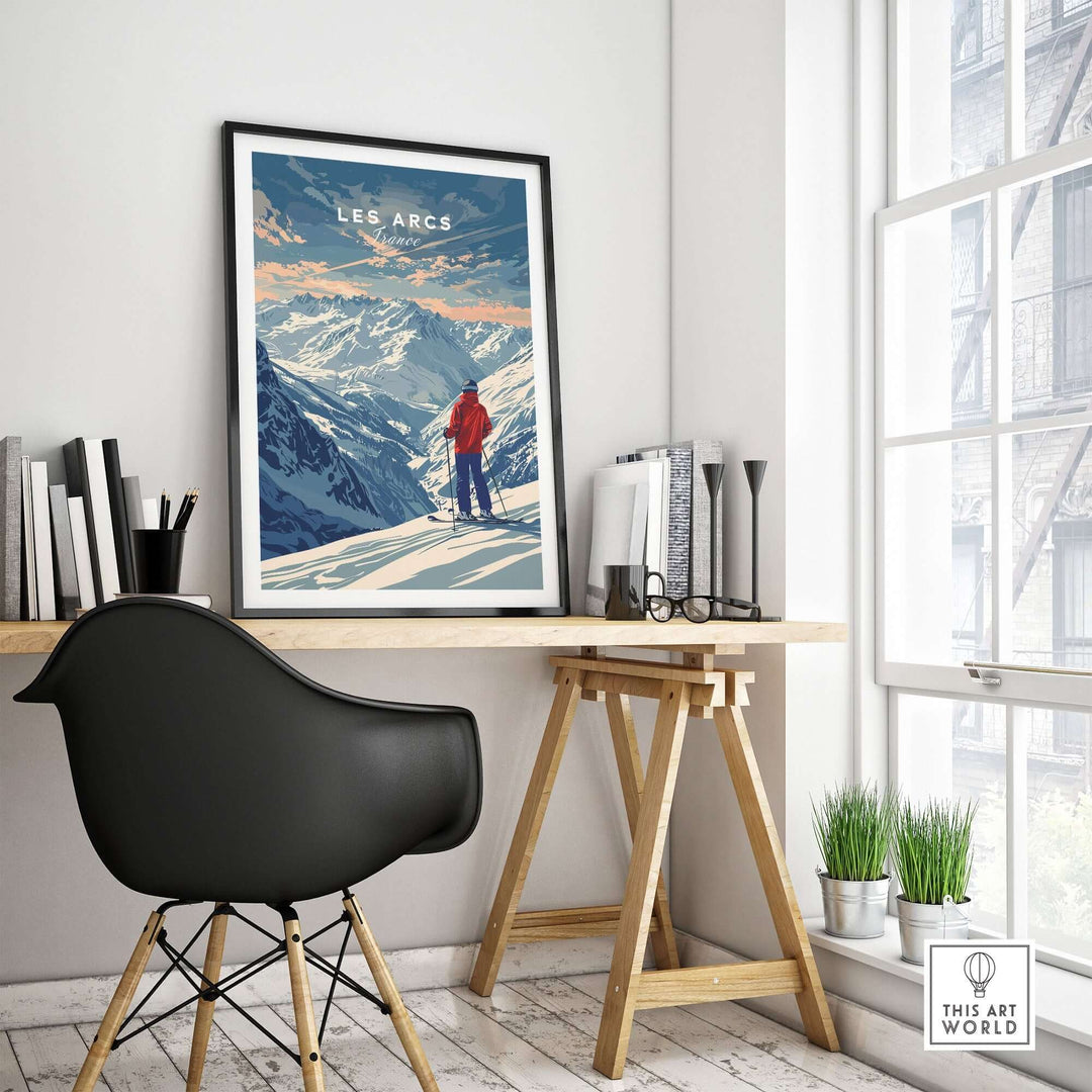 Les Arcs travel poster featuring snowy mountains and a skier, creating a stunning wall art accent for any room.