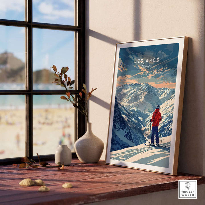 Les Arcs travel poster showcasing majestic ski slopes in France, displayed in a stylish interior setting.