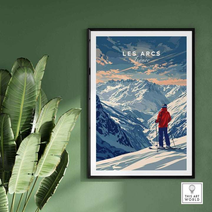 Les Arcs travel poster showcasing a skier in red against stunning French mountain scenery, perfect for wall art.