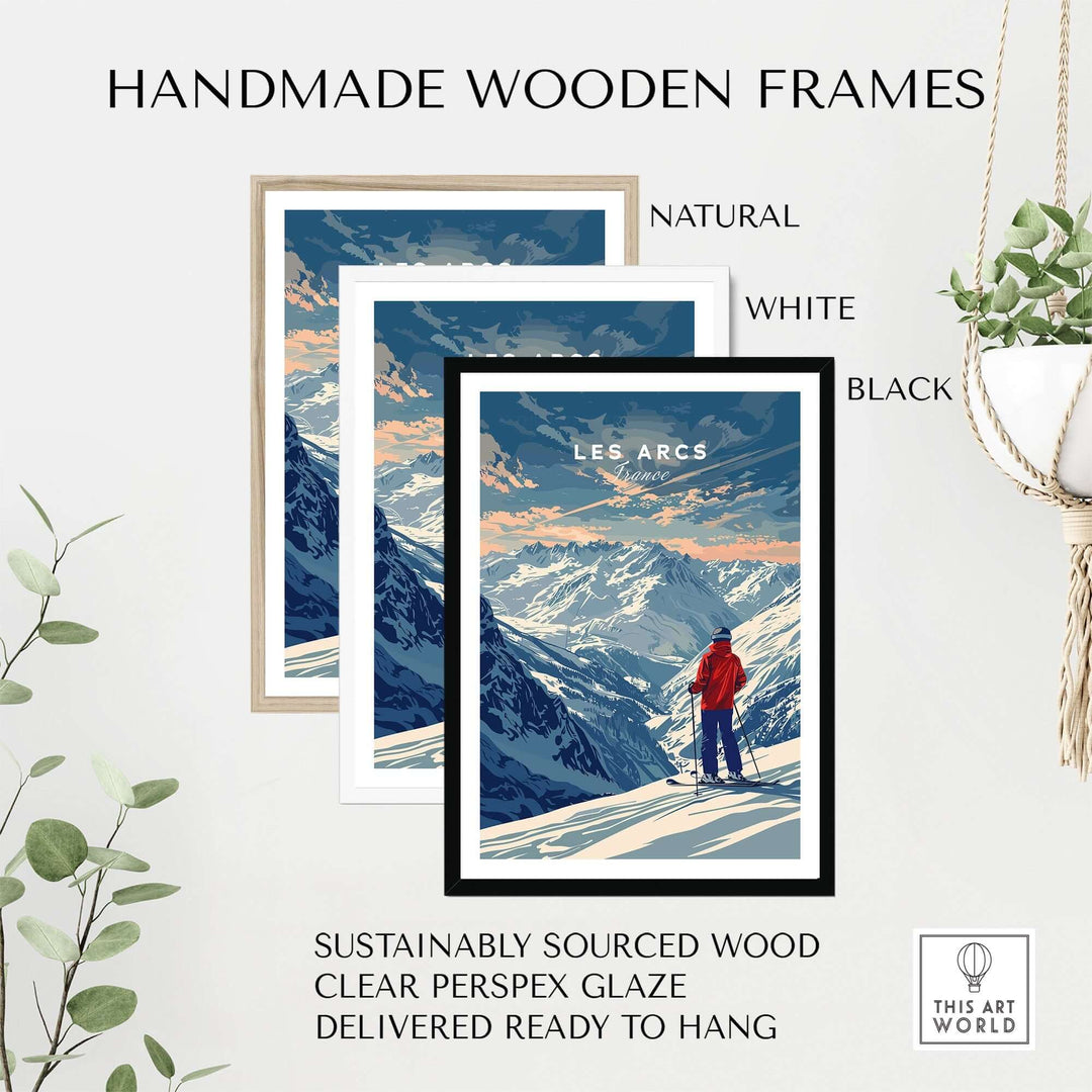 Handmade wooden frames in natural, white, and black showcasing Les Arcs travel poster with sustainable materials.