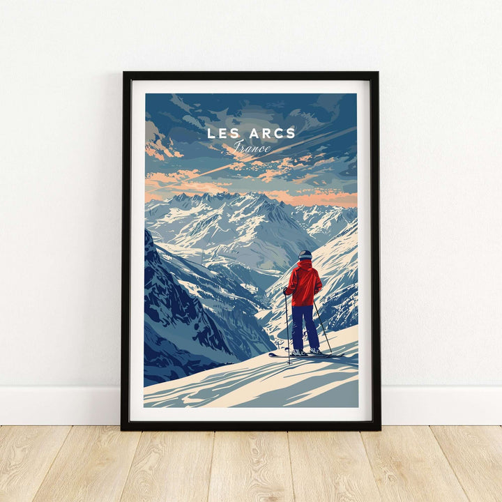 Les Arcs travel poster showcasing majestic ski slopes in France, perfect for home or office wall art.