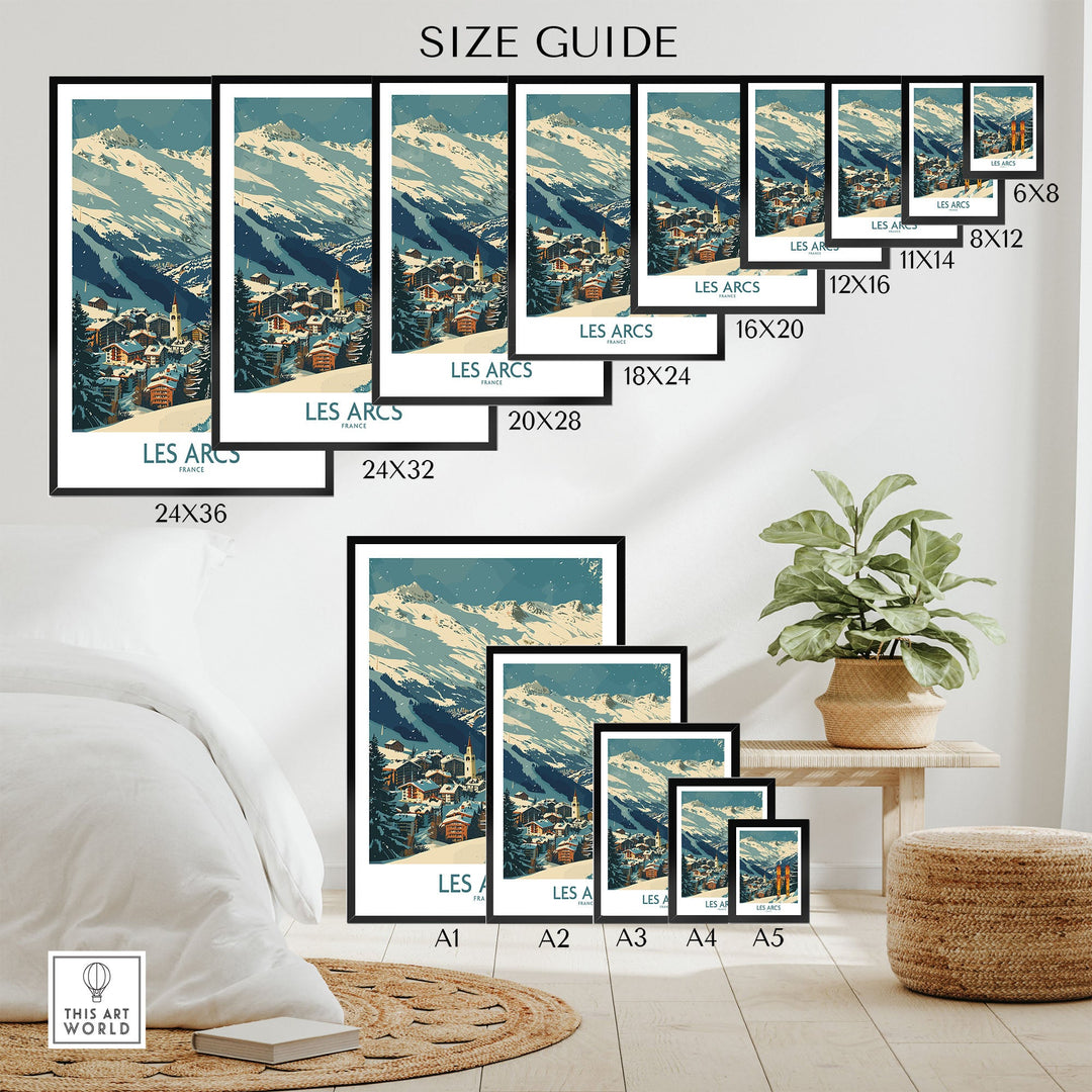 Les Arcs Ski Poster Wall Art Size Guide - France Themed Decor