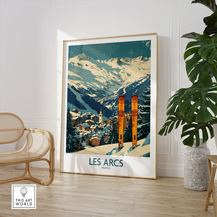 Les Arcs Ski Poster Wall Art of France, featuring a snowy mountain landscape with skis, in a stylish home setting.