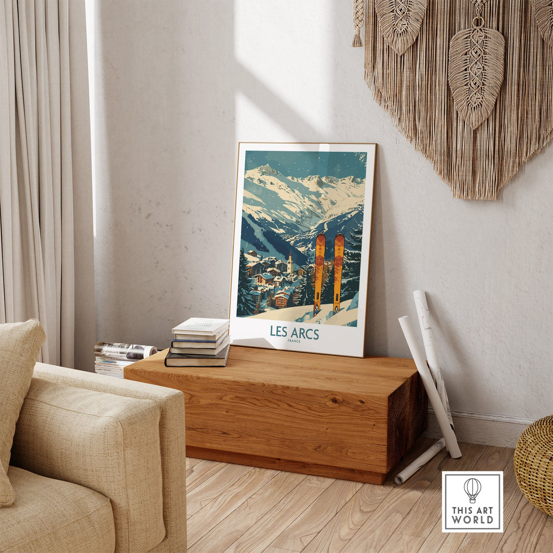 Les Arcs wall art featuring a ski poster of France, displayed in a cozy living room setting.