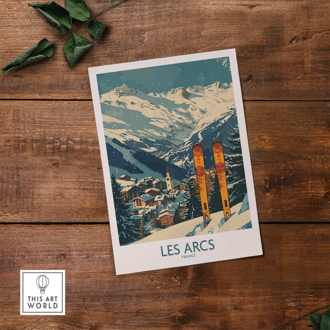 Les Arcs Ski Poster Wall Art, France, featuring vintage ski scene on rustic wood background.