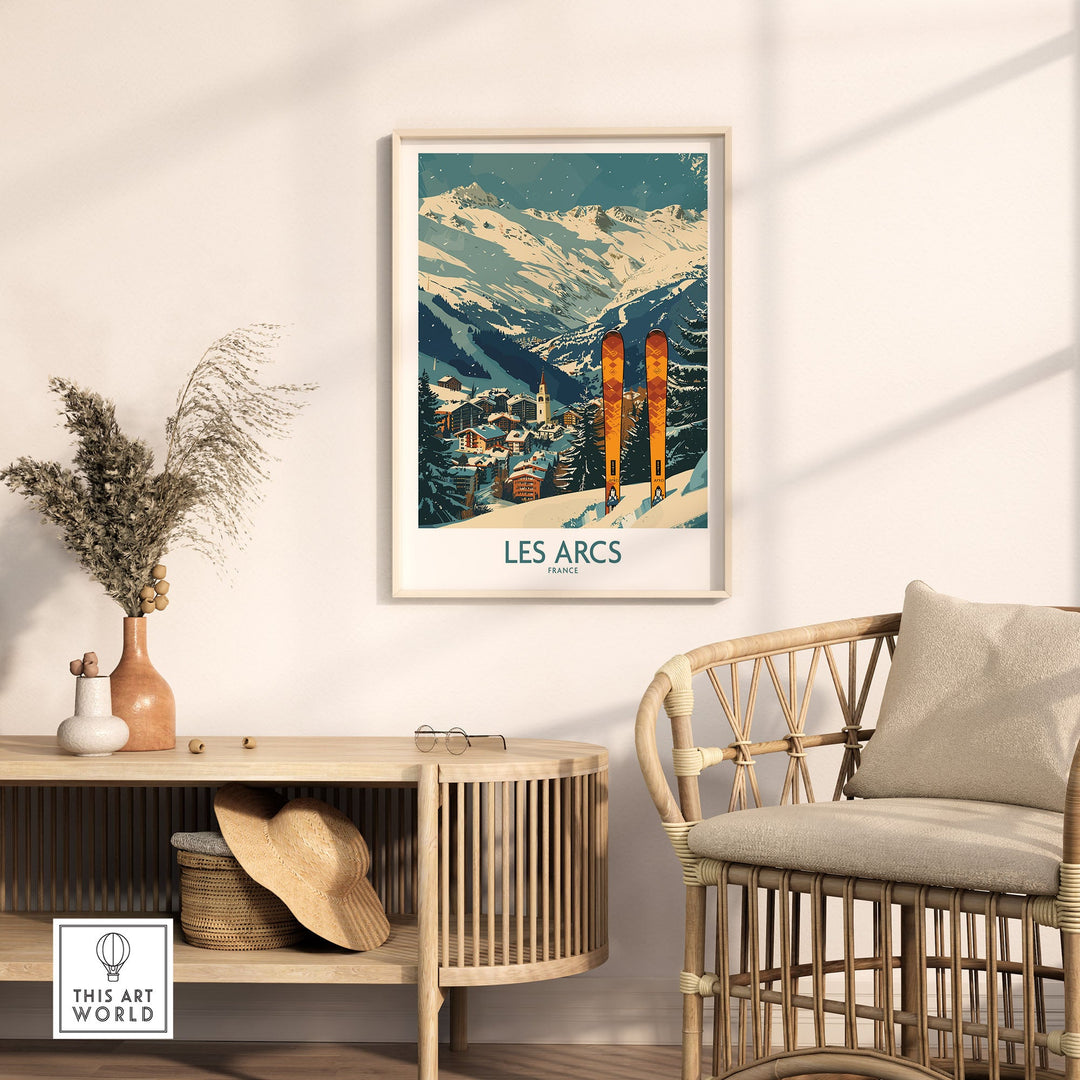 Elegant interior with Les Arcs wall art ski poster of France, highlighting snowy mountains. Perfect decor for ski enthusiasts.