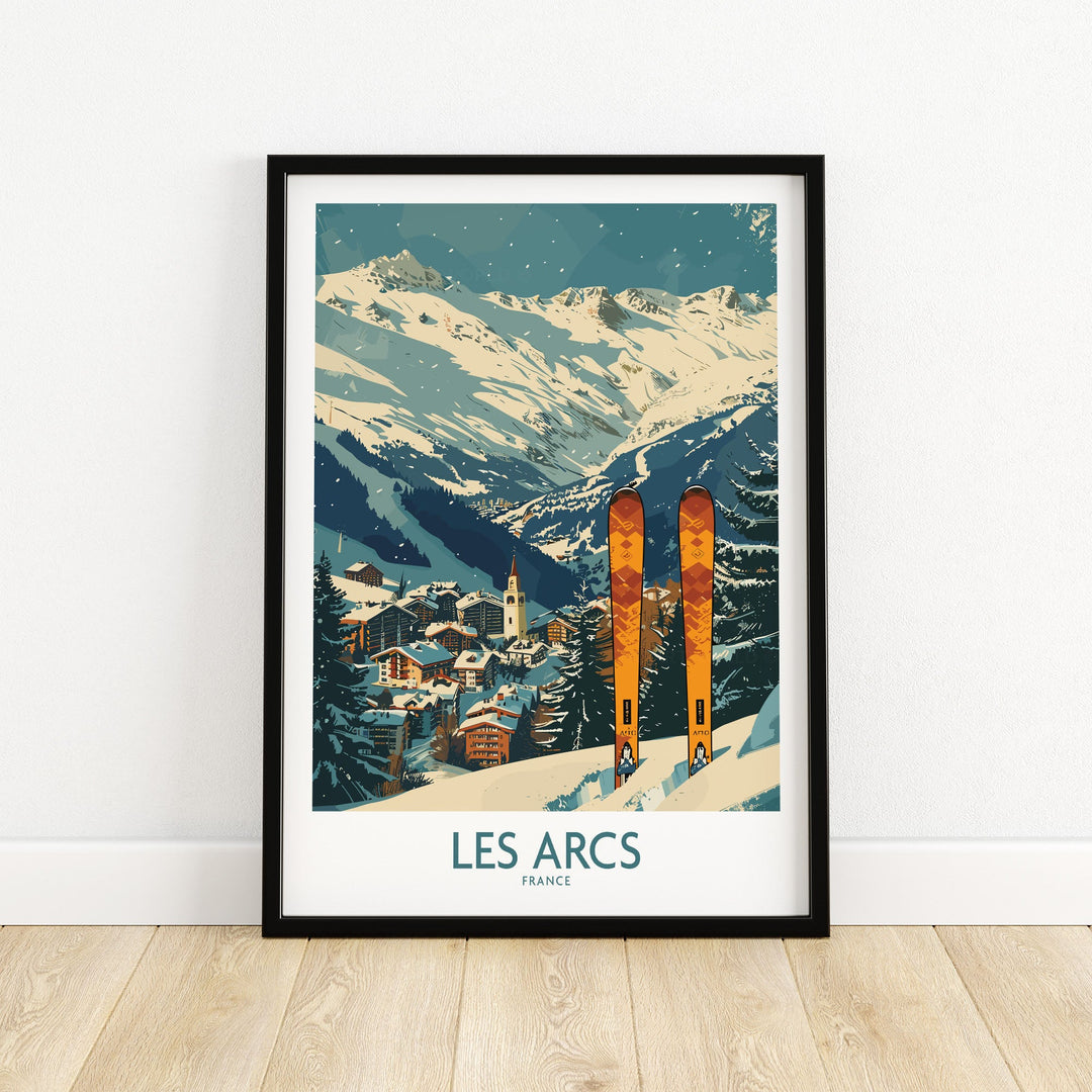 Les Arcs France ski poster wall art featuring a winter mountain landscape with skis and snowy village scenery.