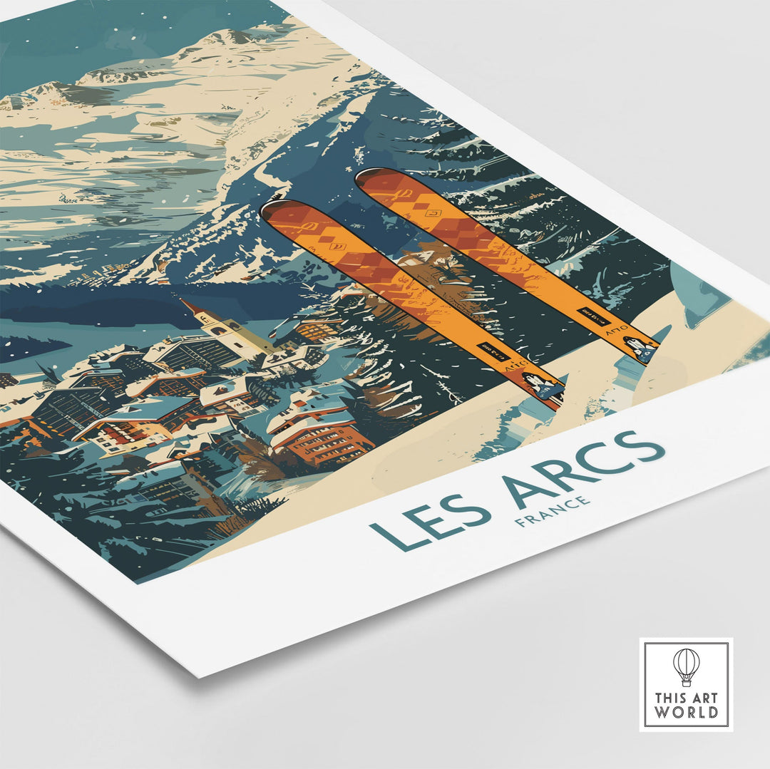 Ski poster featuring Les Arcs, France wall art with vibrant mountain scenery and skiing elements.