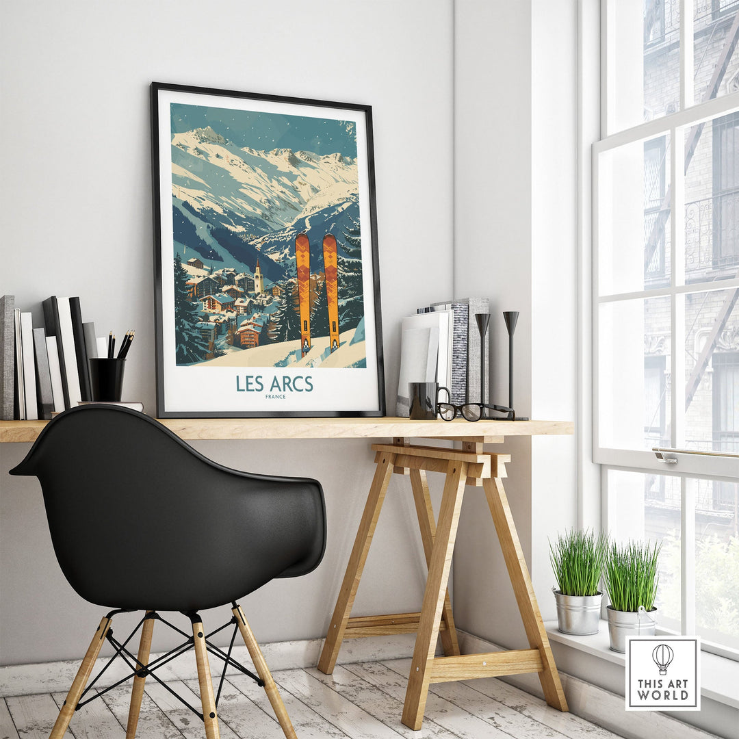 Les Arcs ski poster wall art displayed in a modern room, featuring a snowy French alpine scene with skis and mountains.