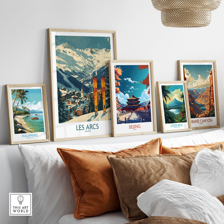 Les Arcs Wall Art featuring a ski poster from France, displayed among various travel-themed artworks on a modern living room wall.